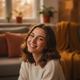 A happy young adult, possibly a woman, smiling genuinely, in a warm and inviting home setting, conveying trust and contentmen
