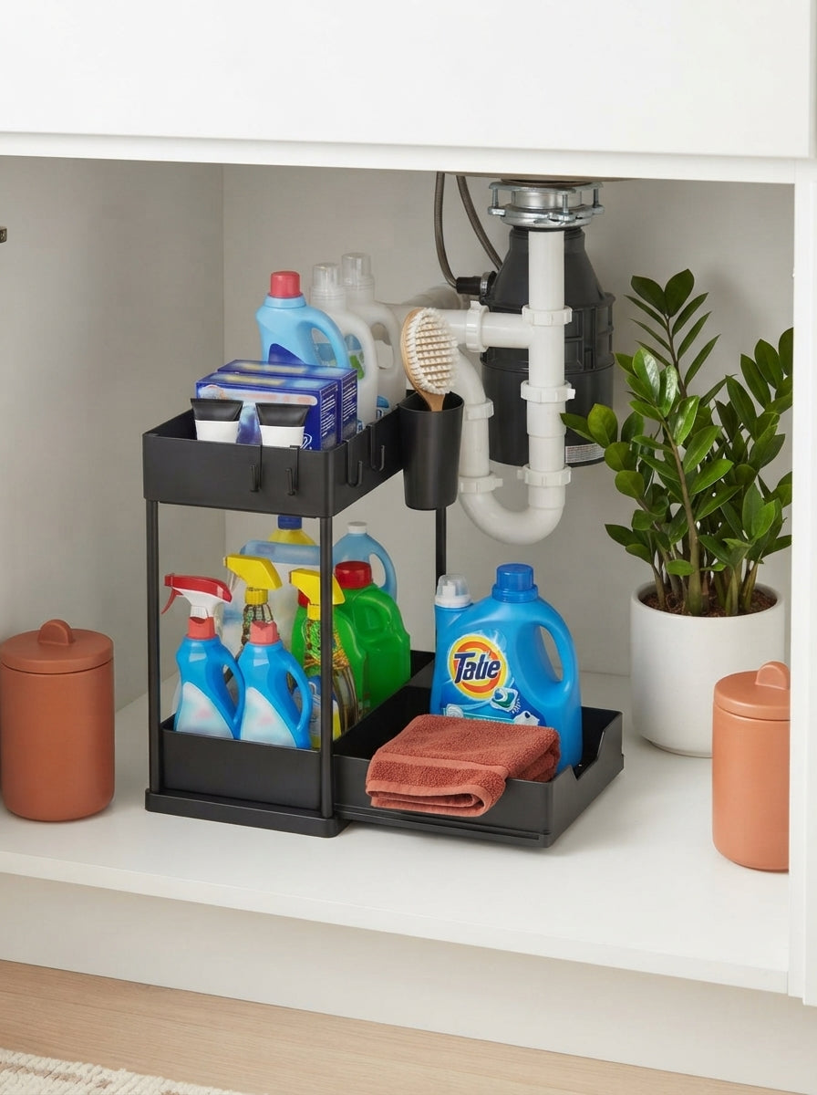 A 2-tier storage organizer inside a kitchen cabinet, positioned around plumbing pipes with terracotta and burnt sienna decor.